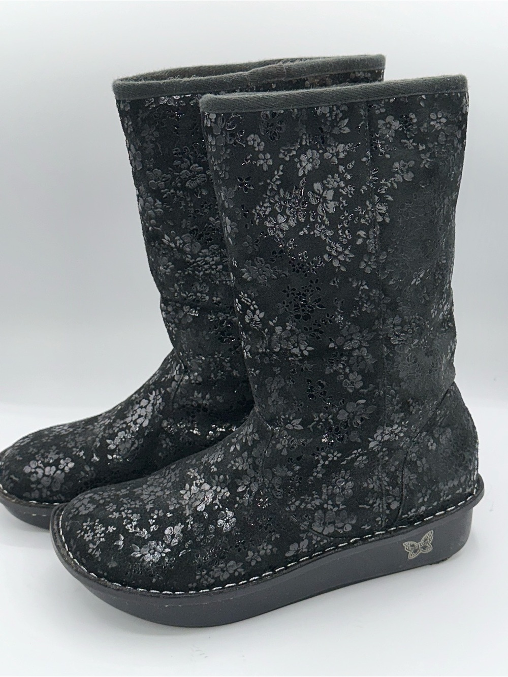 Alegria Black Floral Embossed Leather Shearling Lined Boots EU 40 US 9.5-10 AA38
